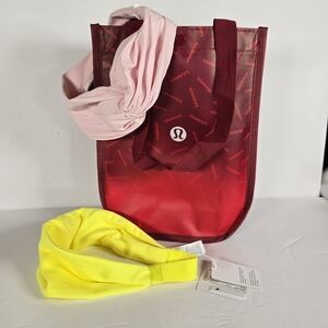 Lululemon Athletica Red Tote Bag With Two Headbands Pink & Bright Yellow NWT